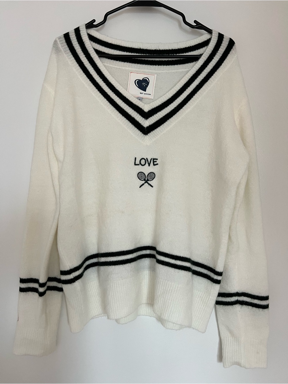 Madison White V-Neck Sweater with Black Stripes